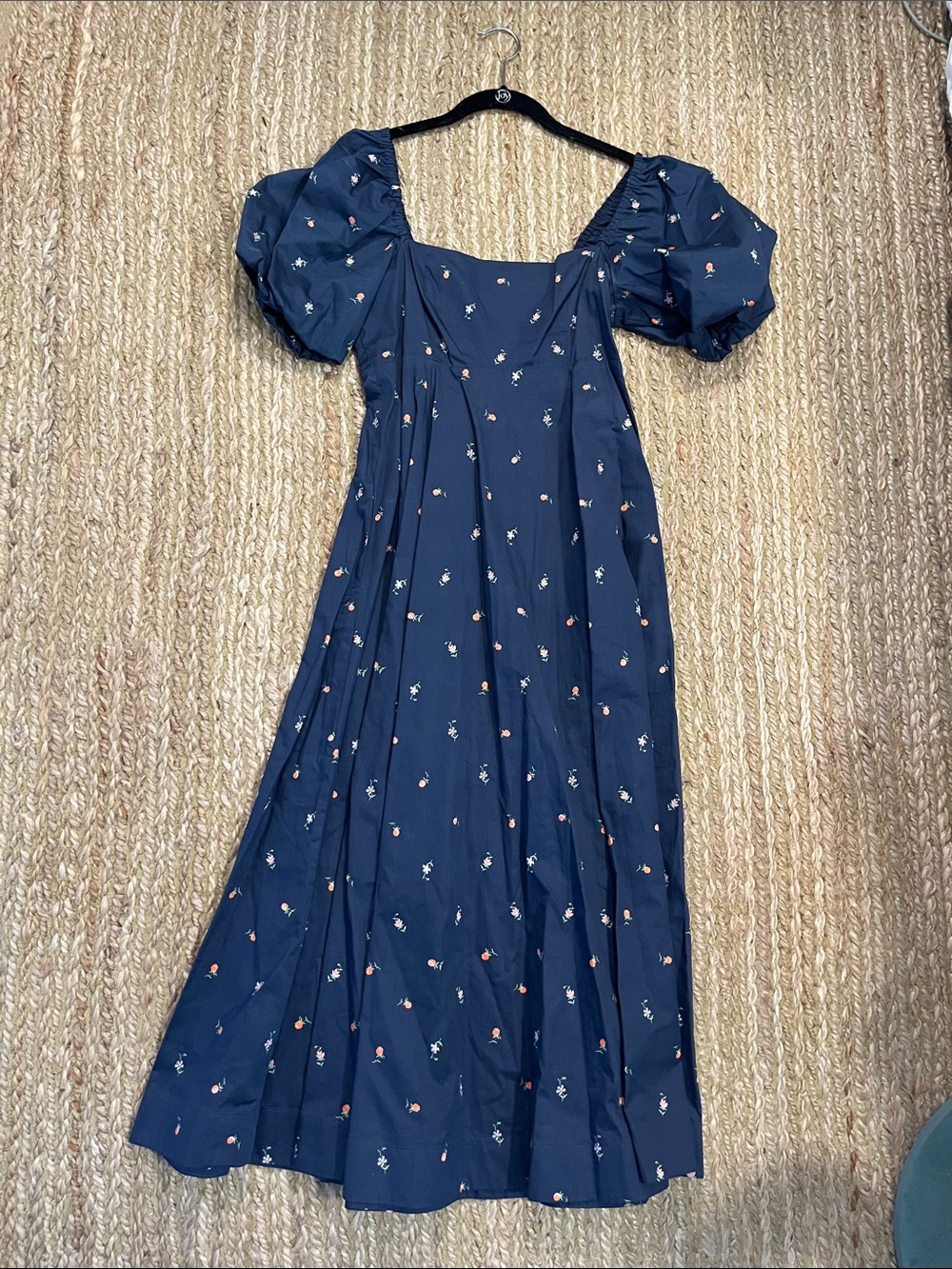Hill House Navy Blue Puff-Sleeve Midi Dress with Tiny Floral Print